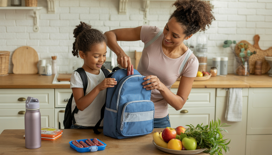 Mother packing a backpack with beef sticks and snacks in a kitchen, highlighting convenience for active families.