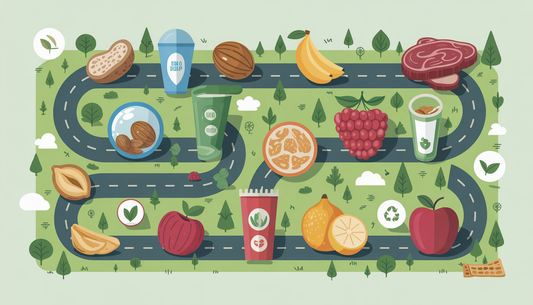 An illustrated road map with icons of healthy snacks and sustainability symbols along the route, representing a snack-fueled journey.