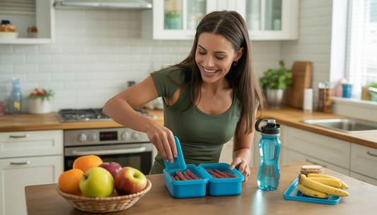 Mom packing a lunchbox with Whole 30 beef sticks and fruits in a kitchen, highlighting convenience and nutrition.