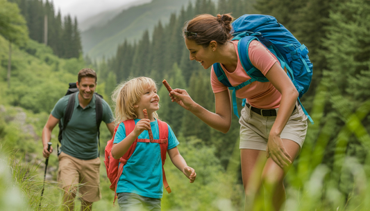 A mother and child hiking in a forest, with the mother offering a beef snack stick.