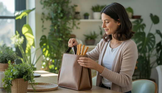 A caregiver packing Stoke Provisions snacks in a sunlit room, symbolizing preparedness and a sustainable lifestyle.