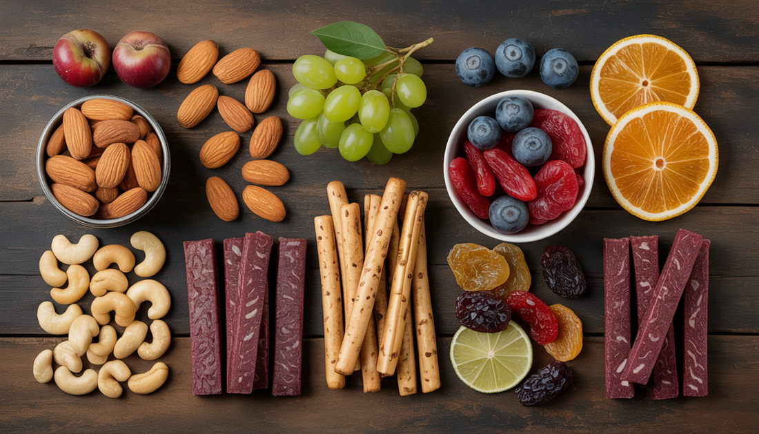 A flat lay of healthy snacks like nuts, dried fruits, and Stoke Provisions beef snack sticks on a wooden table.