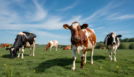 Cows grazing on a sustainable farm, showcasing eco-friendly farming practices under a clear sky.