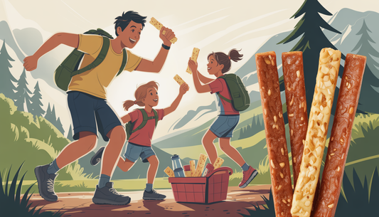 A family on an outdoor adventure enjoying protein-rich snack sticks, conveying energy and bonding.
