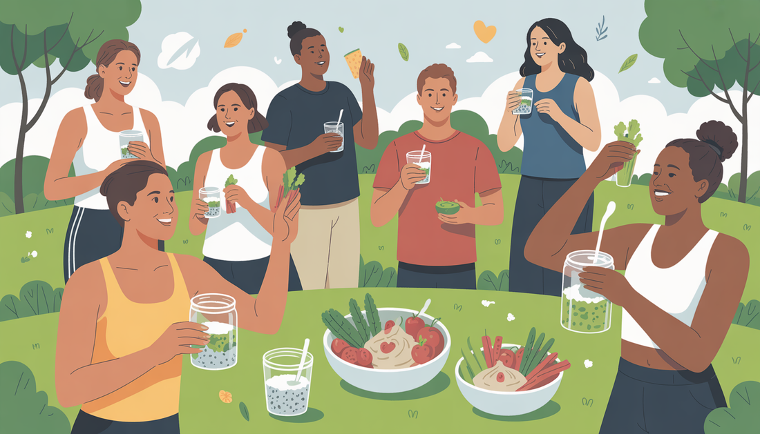 People in a park eating chia pudding and hummus, highlighting community and healthy lifestyles.