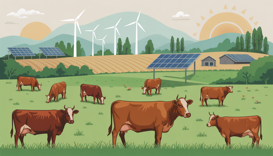 A farm landscape with grass-fed cattle, solar panels, and wind turbines, illustrating eco-friendly farming practices.