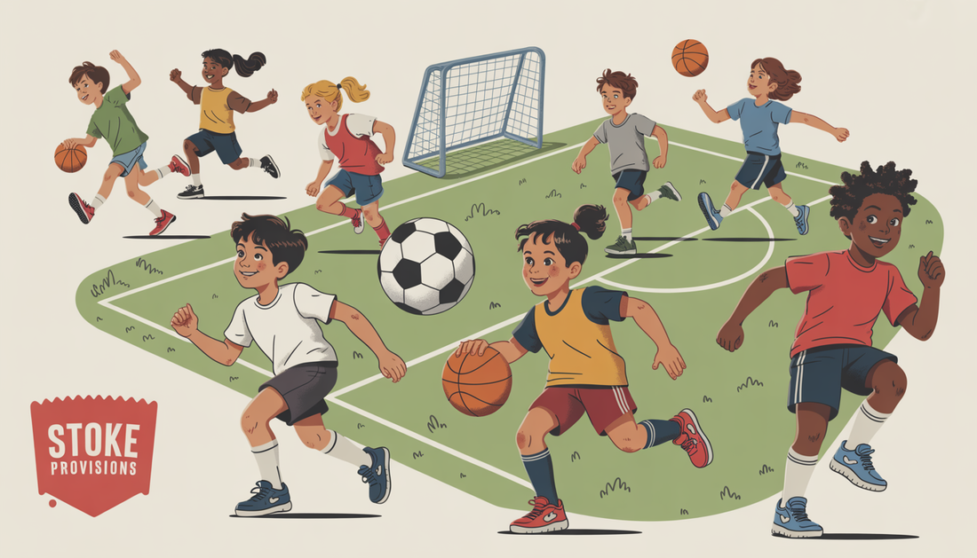 Kids playing various sports in a schoolyard, energized by Stoke Provisions protein snacks, emphasizing activity and vitality.