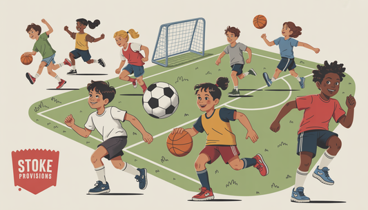 Kids playing various sports in a schoolyard, energized by Stoke Provisions protein snacks, emphasizing activity and vitality.