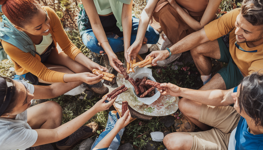 A diverse group of young adults enjoying an outdoor adventure, sharing healthy snacks like beef sticks amidst a natural setting.