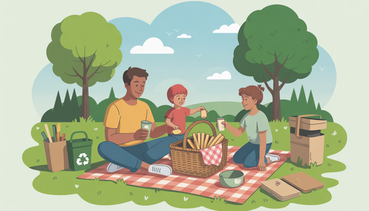 Family having a picnic with snack sticks, surrounded by trees and eco-friendly materials.