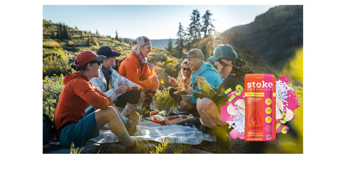 A diverse group of individuals enjoying a picnic with beef sticks in a scenic outdoor setting.