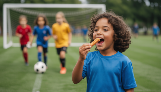 Child eating a snack stick at a soccer game, with teammates in the background, highlighting active play.