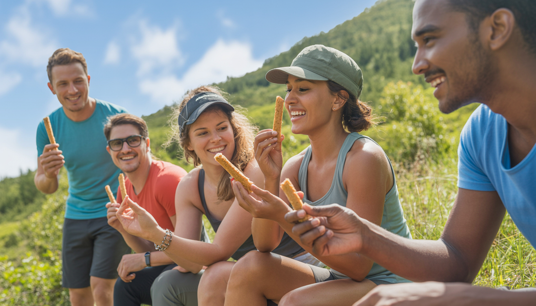 A group of diverse hikers sharing high-protein snack sticks in a lush, green outdoor setting.