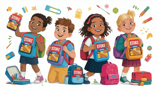 Children packing snack sticks into backpacks, preparing for a school day, surrounded by school supplies.