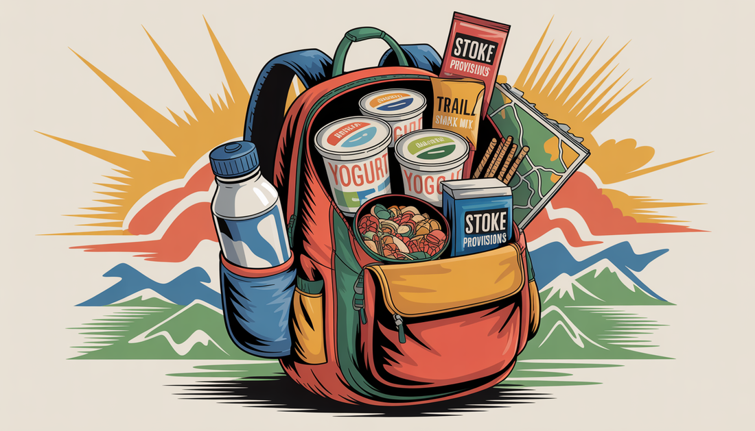 A traveler's backpack with healthy snacks and a reusable water bottle, symbolizing preparedness and sustainability.
