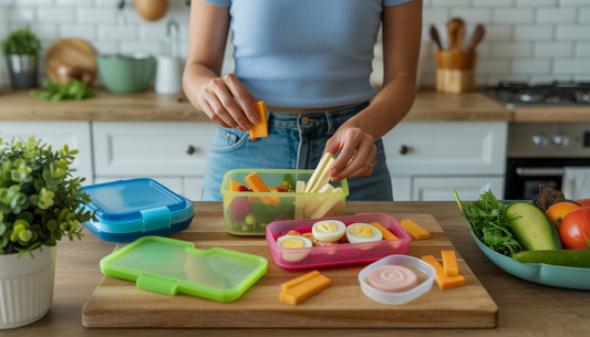 A mom preparing a lunchbox with healthy snacks in a modern, eco-friendly kitchen.