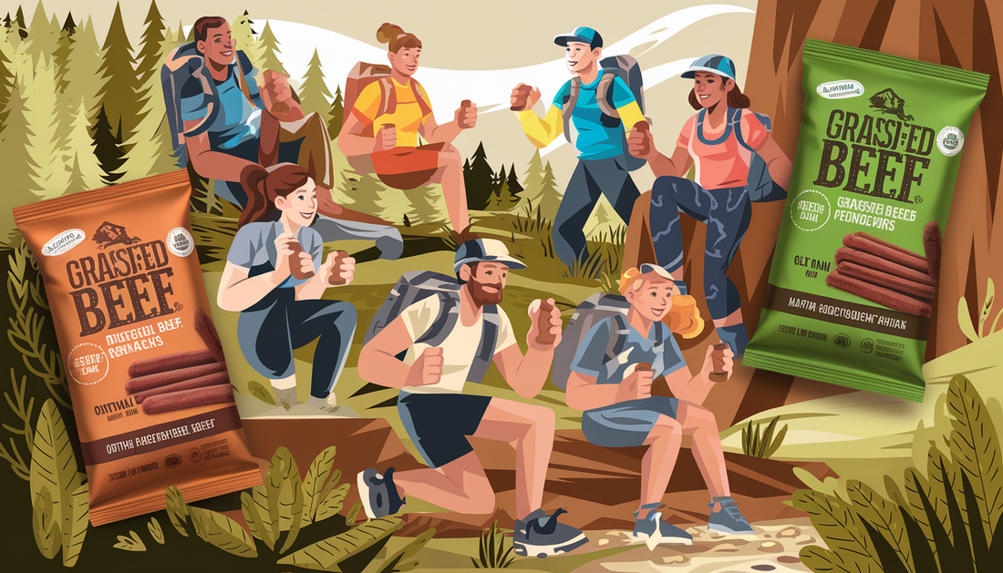 A diverse group of individuals enjoying a break on a scenic mountain trail, savoring eco-friendly beef snacks.