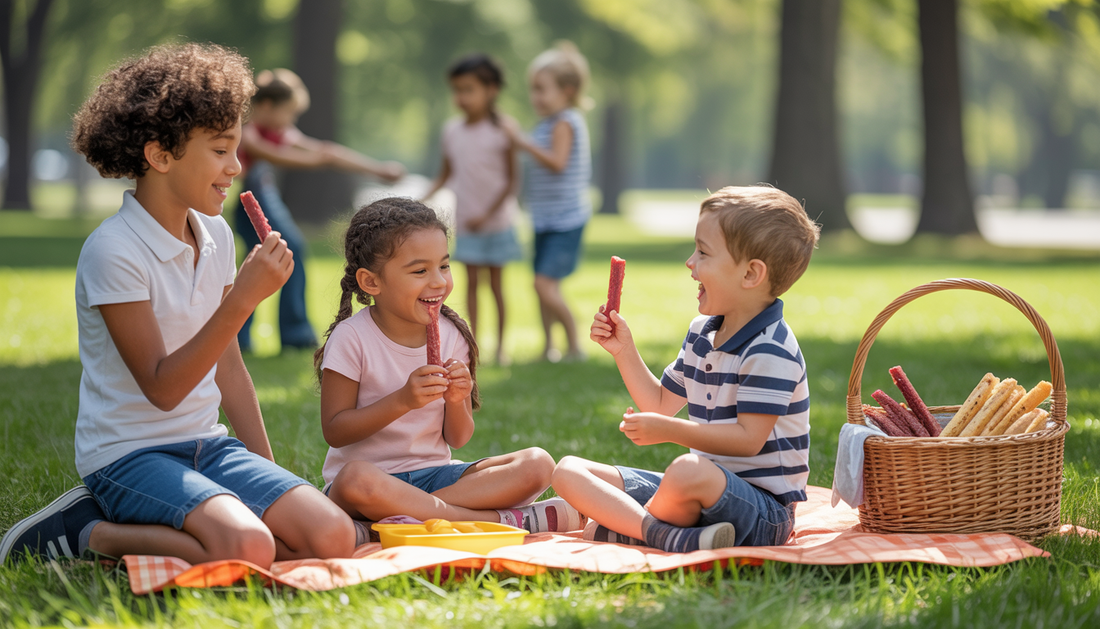A family picnic in a sunny park with kids enjoying eco-friendly beef sticks from Stoke Provisions Inc.