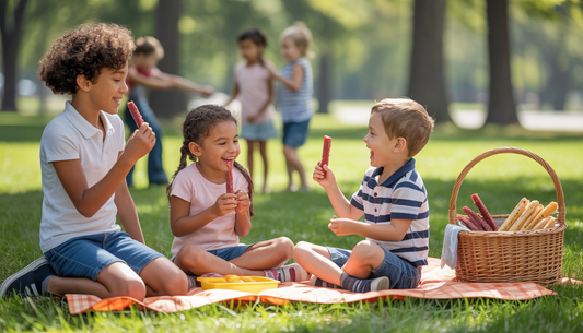 A family picnic in a sunny park with kids enjoying eco-friendly beef sticks from Stoke Provisions Inc.