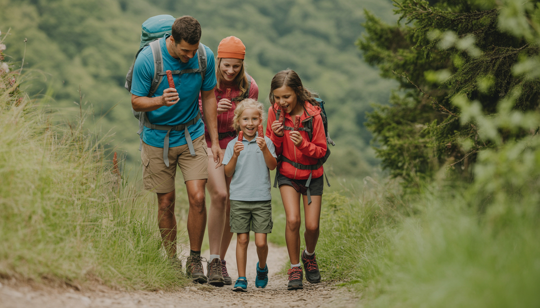 A family hiking on a green trail, enjoying beef snack sticks from Stoke Provisions, showcasing an active, eco-friendly lifestyle.