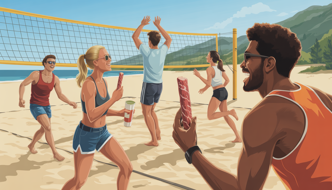 Friends playing beach volleyball, with one holding a beef stick, showcasing its convenience for active lifestyles.