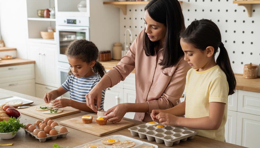 A family in a modern kitchen preparing egg muffins and turkey wraps together.